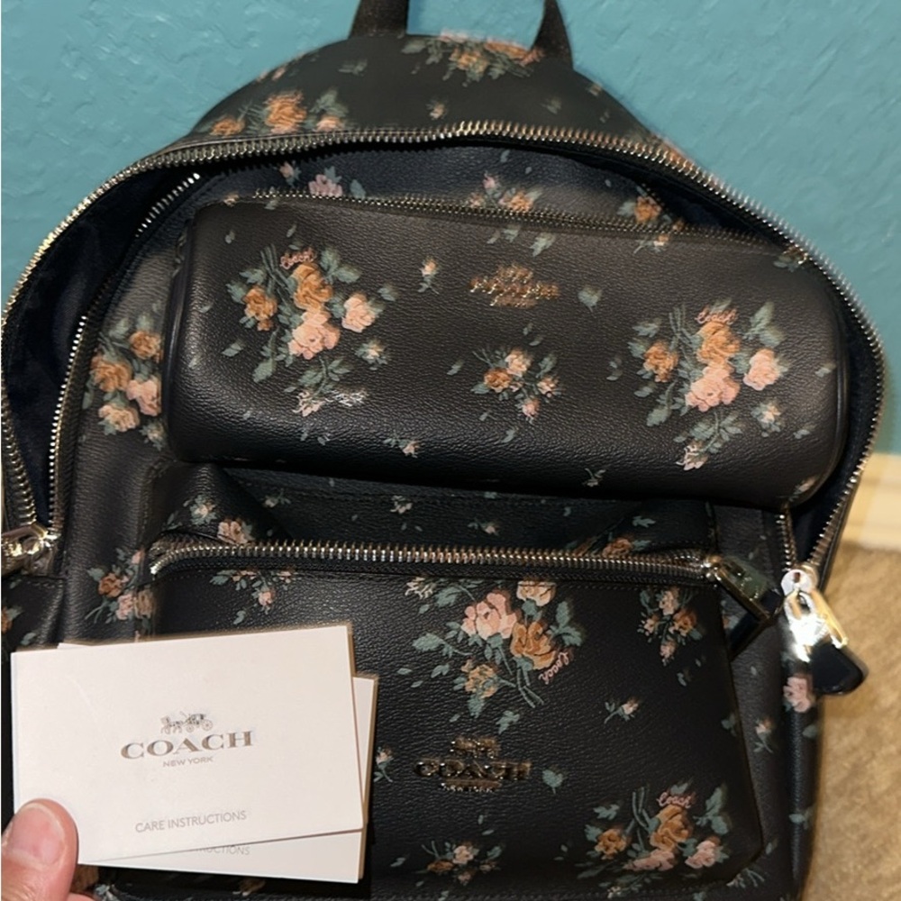 Coach Medium Charlie Backpack with rose print bouquets (Navy) and